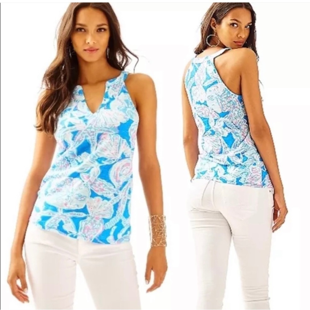 Like NEW Lilly Pulitzer Arya Tank size small BAY BLUE Into the Deep print halter